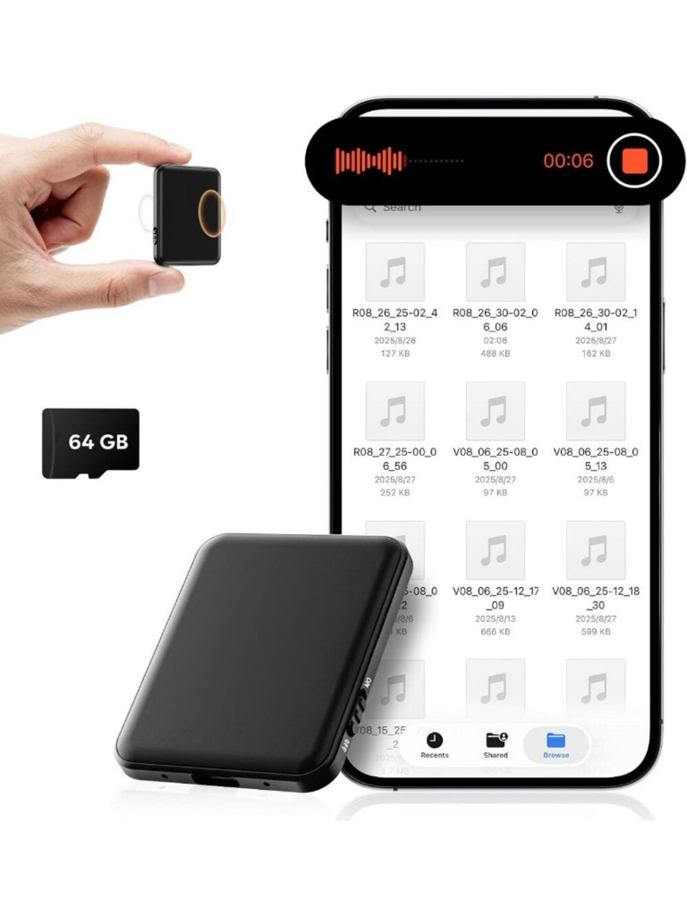 64GB Voice Activated Recorder with AI Noise Reduction & Magnetic Design